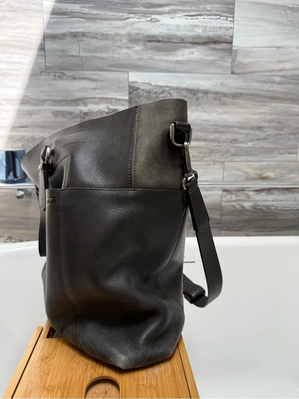 Huge Tumi Gray Leather Cross-body Tote Bag with Adjustable Strap